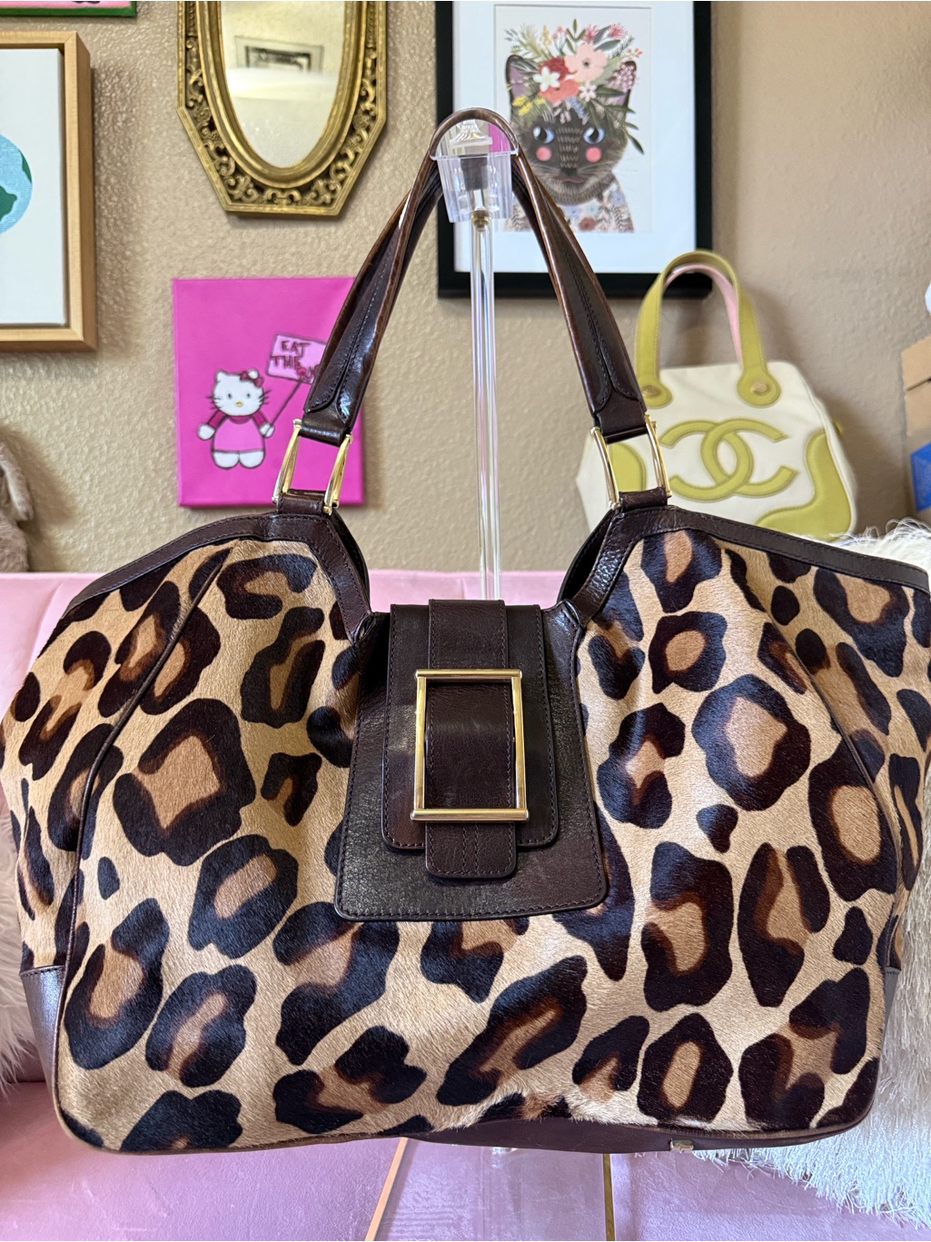 Auth!Lambertson Truex Leopard Print Ponyhair Shoulder Bag Gold Buckle Hardware